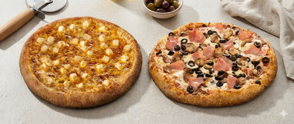 Pizza All Cheese si Pizza Clasic de la Jerry's Pizza pe o masa